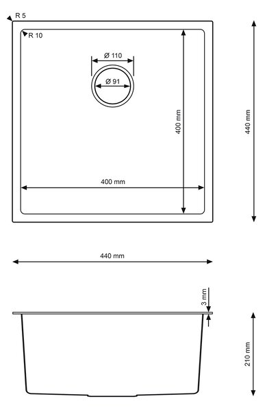 Erga HD, chiuvetă din oțel cu 1 cameră 440x440x210 mm, auriu, ERG-MLS-HD4444G