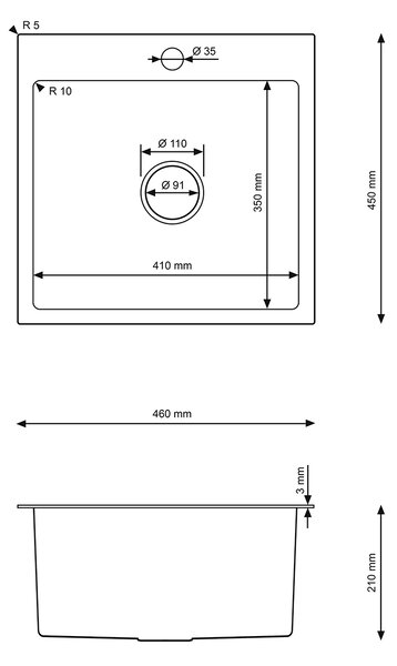 Erga HD, chiuvetă din oțel cu 1 cameră 460x450x210 mm, grafit, ERG-MLS-HD4645B