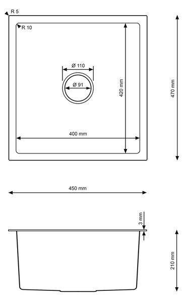 Erga HD, chiuvetă din oțel cu 1 cameră 470x450x210 mm, oțel, ERG-MLS-HD4745