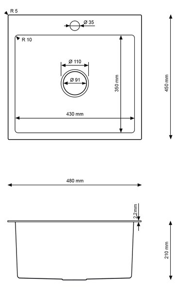 Erga HD, chiuvetă din oțel cu 1 cameră 480x450x210 mm, oțel, ERG-MLS-HD4845