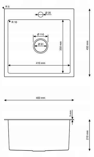 Erga HD, chiuvetă din oțel cu 1 cameră 460x450x210 mm, auriu, ERG-MLS-HD4645G