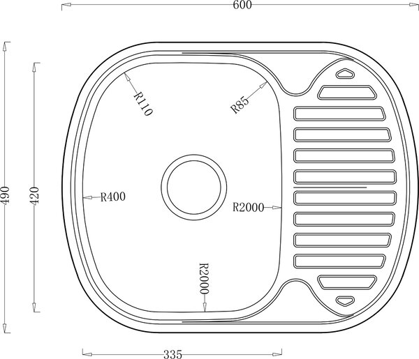 Erga HD, chiuvetă din oțel cu 1 cameră 600x490x160 mm cu scurgere scurtă, finisaj satinat periat, ERG-MLS-HD6049S