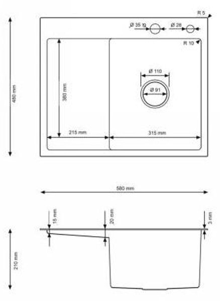 Erga HD, chiuvetă din oțel cu 1 cameră 580x480x210 mm, dreapta, oțel, ERG-MLS-HD5848R
