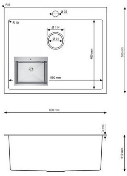Erga HD, chiuvetă din oțel cu 1 cameră 600x500x210 mm, oțel, ERG-MLS-HD6050X