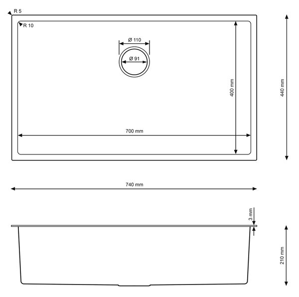 Erga HD, chiuvetă din oțel cu 1 cameră 740x440x210 mm, auriu, ERG-MLS-HD7444G