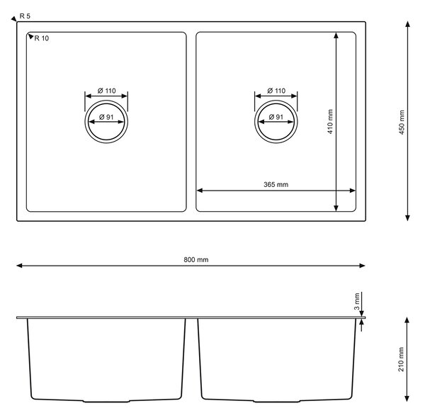 Erga HD, chiuvetă din oțel cu 2 camere 800x450x210 mm, grafit, ERG-MLS-HD8045B