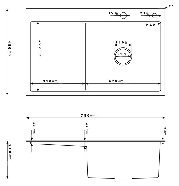 Erga HD, chiuvetă din oțel cu 1 cameră 780x490x210 mm, dreapta, grafit, ERG-MLS-HD7849RB