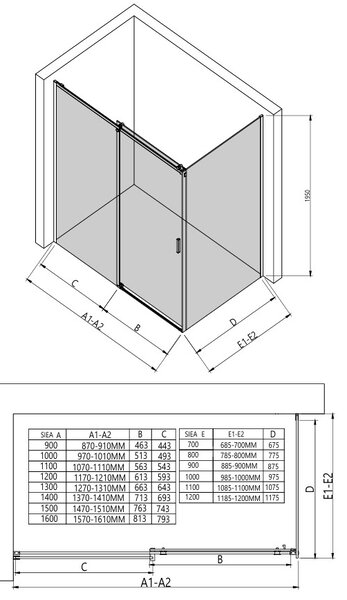 Erga Lynn, cabină de duș cu ușă glisantă 90 (uşă) x 70 (perete) x 195 cm, sticlă gri 8 mm, profil negru, ERG-V02-LYNN-D090G070-GR-BK