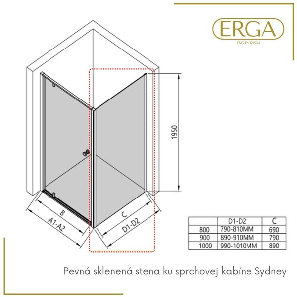 Erga Sydney, perete solid pentru duș 80x195 cm, sticlă transparentă de 6 mm, profil negru, ERG-V02-SYDNEY-G080-BK