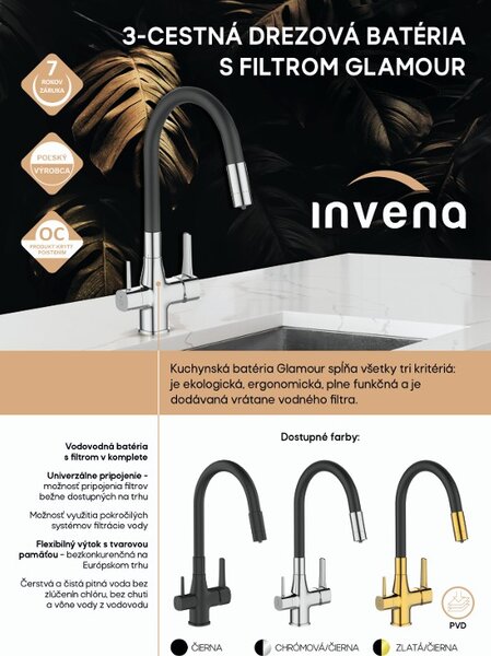 Invena Magic, baterie pentru chiuvetă de sine stătătoare cu braț flexibil și filtru de apă potabilă, negru-auriu lucios, INV-BZ-08-F09-V