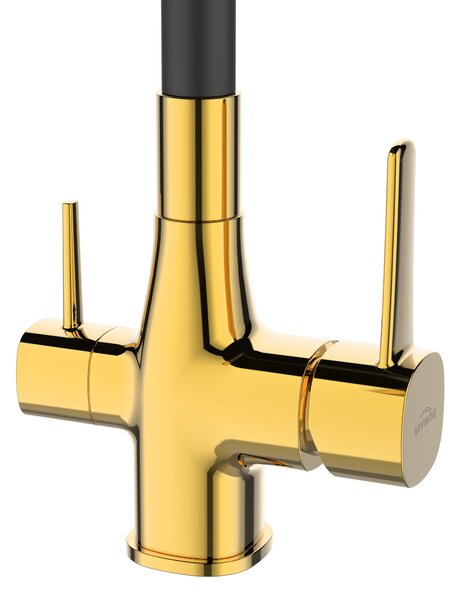 Invena Magic, baterie pentru chiuvetă de sine stătătoare cu braț flexibil și filtru de apă potabilă, negru-auriu lucios, INV-BZ-08-F09-V