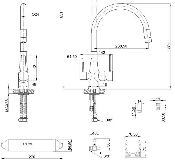 Invena Magic, baterie pentru chiuvetă de sine stătătoare cu braț flexibil și filtru de apă potabilă, negru-auriu lucios, INV-BZ-08-F09-V