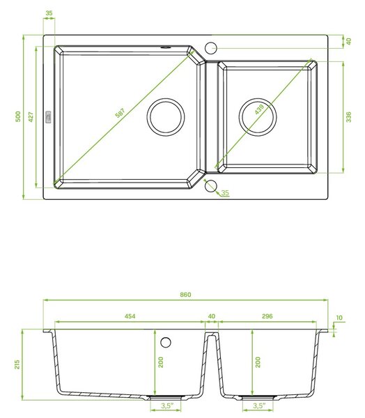 Kuchinox Milos, chiuveta granit cu 2 compartimente 860x500x215 mm + sifon, bej, LAV-SPM_4208