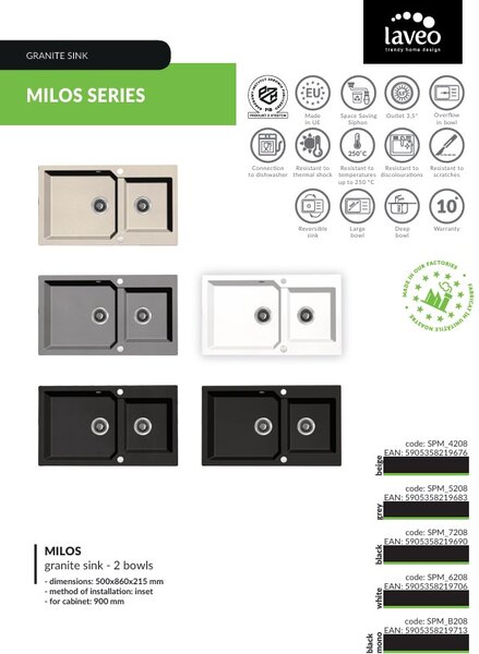 Kuchinox Milos, chiuveta granit cu 2 compartimente 860x500x215 mm + sifon, bej, LAV-SPM_4208
