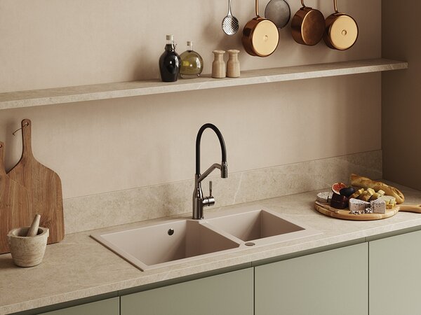 Kuchinox Milos, chiuveta granit cu 2 compartimente 860x500x215 mm + sifon, bej, LAV-SPM_4208