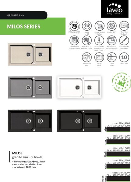 Kuchinox Milos, chiuveta granit cu 2 compartimente 860x500x215 mm + sifon, bej, LAV-SPM_4208