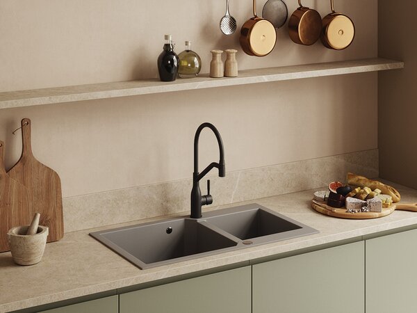 Kuchinox Milos, chiuveta granit cu 2 compartimente 860x500x215 mm + sifon, negru patat, LAV-SPM_7208