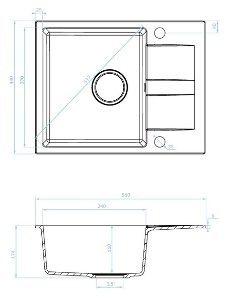 Kuchinox Laut, chiuveta granit cu 1 compartiment 560x440x174 mm + sifon, gri, LAV-SBZ_513Y