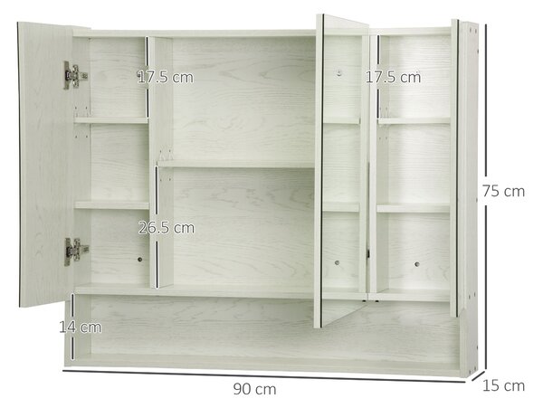 Kleankin Dulap cu Oglindă pentru Baie, Raft Reglabil, MDF și Sticlă, 90x15x75cm, Design Spațios, Alb | Aosom Romania