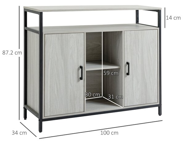 HOMCOM Comodă Modernă din Lemn cu Rafturi și Dulap, Design Anti-Inclinare, MDF și Oțel, Gri Deschis, 100x34x87.2cm | Aosom Romania