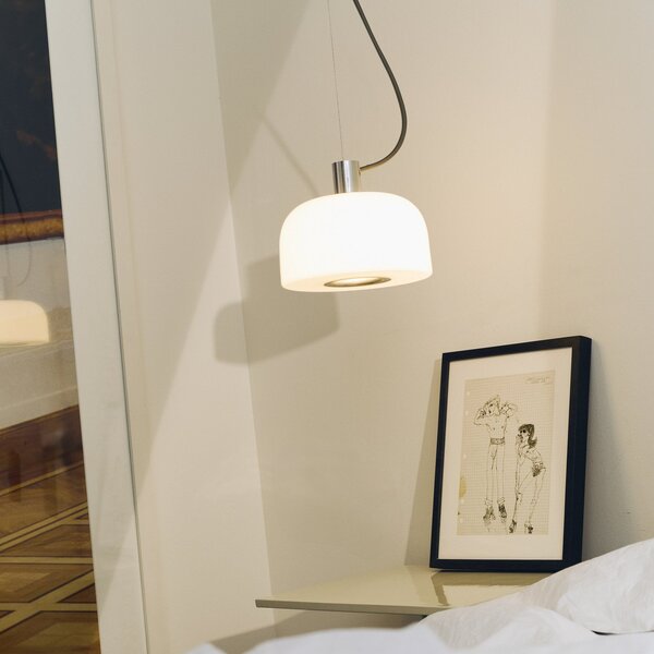 FLOS Lampă suspendată Bellhop Glass S1, culoare aluminiu, sticlă, Ø 33 cm, reglabil, Alb, dormitor, Sticlă