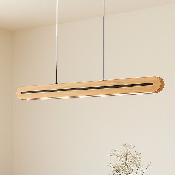 Lucande Lampă suspendată LED Darnor, lemn, CCT, lungime 100 cm, reglabil, Lemn, Camera de zi / sufragerie, Lemn, Modern