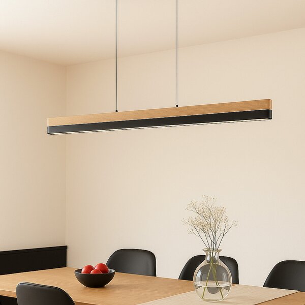 Lucande Lampă suspendată LED Holven, lemn, CCT, lungime 113 cm, reglabil, Lemn, Camera de zi / sufragerie, Lemn, Modern