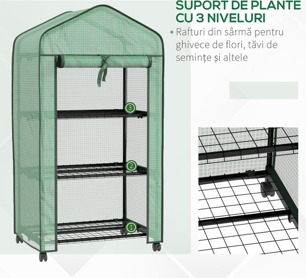 Outsunny Mini sera pe 3 nivele cu acoperis PE intarit si roti, Sera portabila pentru interior si exterior cu usa care poate fi rulata | Aosom Romania