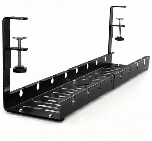 Tavă metalică pentru cabluri sub birou, cu cleme, fără găurire, extensibilă 29–54,5 cm, neagră