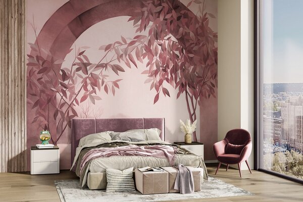 Tapet Un arc cu un peisaj, copaci și frunziș în nuanțe discrete de roz și gri, operă de, Fototapet Natură, Fototapet Frunze, w09907v1 : Uwalls.ro