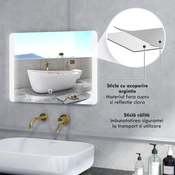 Kleankin Oglindă Iluminată LED pentru Baie, Oglindă de Machiaj Reglabilă, 70x50 cm, Eleganță și Funcționalitate | Aosom Romania