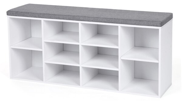 Pantofar cu bancă tapițată GABI, 10 compartimente, 104x30x48cm, gri/alb Vasagle