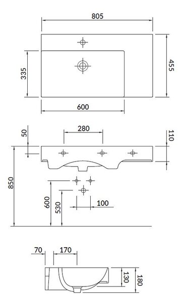 Cersanit Inverto mobila/chiuveta blat 80,5 x 45,5 cm, cu preaplin dreapta, Alb, K671-006