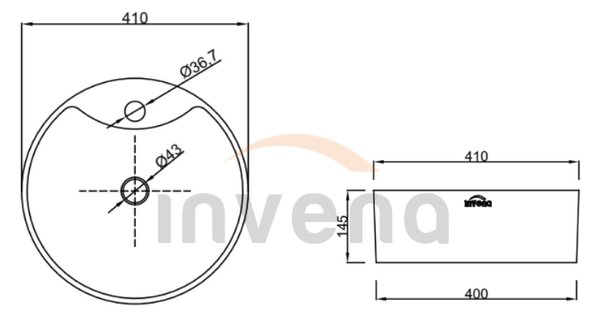 Invena Granada, chiuveta rotunda pe blat 410x410x145 mm, alb, INV-CE-44-001-W