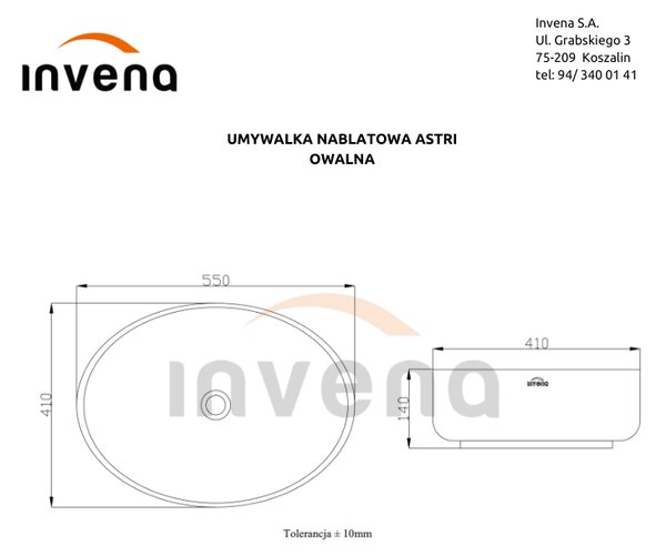 Invena Astri, chiuveta blat ceramica 55x41x14 cm, alb lucios, INV-CE-30-001-W