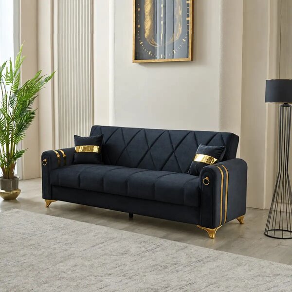Canapea extensibila cu lada de depozitare 220x87x93 cm , detalii aurii –Camara