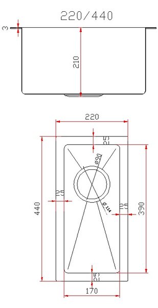 Gamma Gamma, chiuvetă din oțel cu 1 compartiment 220x440x210 mm, negru, GMA-S2244-BK