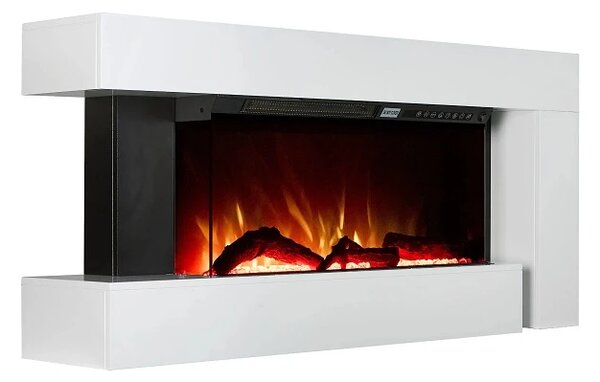 Șemineu electric, montare independentă, cadru MDF, sticla securizata, flacara LED cu efect realist, difuzor cu sunet de lemne trosnind, 120x56x24 cm, Alb