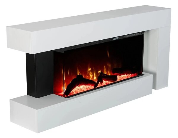 Șemineu electric, montare independentă, cadru MDF, sticla securizata, flacara LED cu efect realist, difuzor cu sunet de lemne trosnind, 120x56x24 cm, Alb