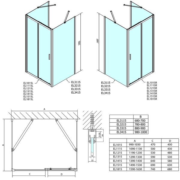 Polysan EASY, cabină de duș cu 3 pereți 1300x700mm, versiune L/P, sticlă transparentă, EL1315EL3115EL3115