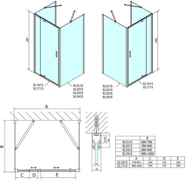 Polysan EASY, cabină de duș cu 3 pereți 800-900x700mm, variantă uşă pivotantă L/R, sticlă transparentă, EL1615EL3115EL3115