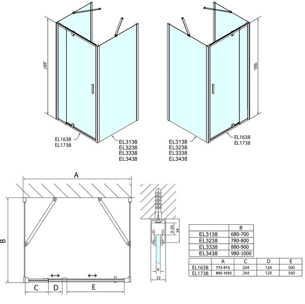 Polysan EASY, cabină de duș cu 3 pereți 800-900x700mm, variantă uşă pivotantă L/R, sticlă cărămidă, EL1638EL3138EL3138