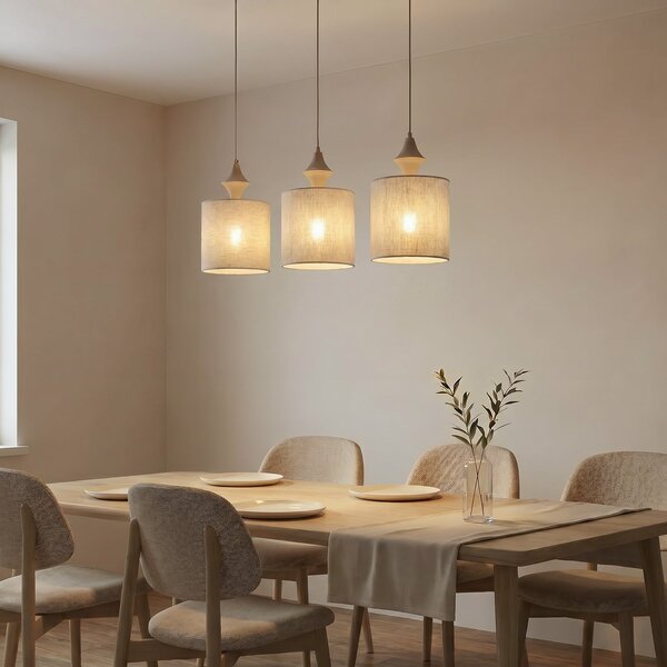 TK Lighting Lampă suspendată Amura, cu 3 becuri, lungime 105 cm, bej/nisip, E27, reglabil, Bej, Camera de zi / sufragerie, Țesătură / Textil, Modern