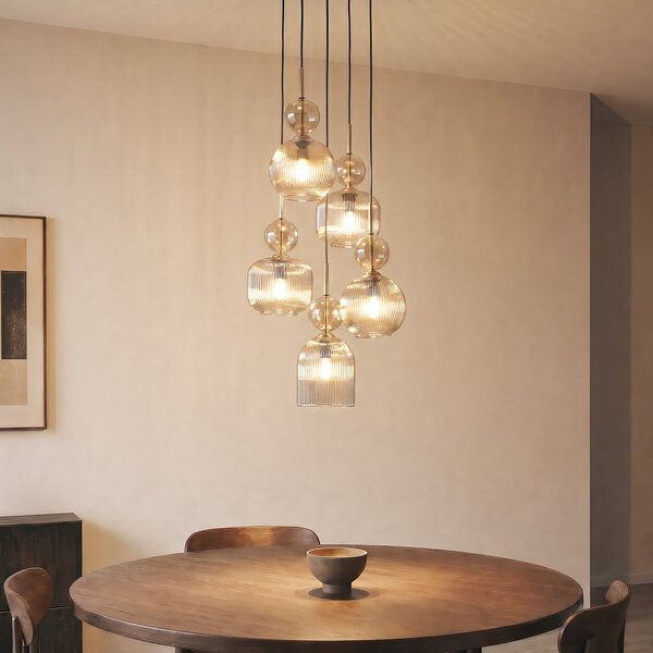 TK Lighting Lampă suspendată Sophia, cu 5 becuri, Ø 37 cm, coniac/negru, E14, reglabil, Gri, Camera de zi / sufragerie, Sticlă, Modern
