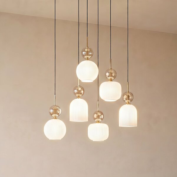 TK Lighting Lampă suspendată Sophia, cu 6 becuri, alb/cognac, lungime 65 cm, E14, reglabil, Alb, Camera de zi / sufragerie, Sticlă, Modern