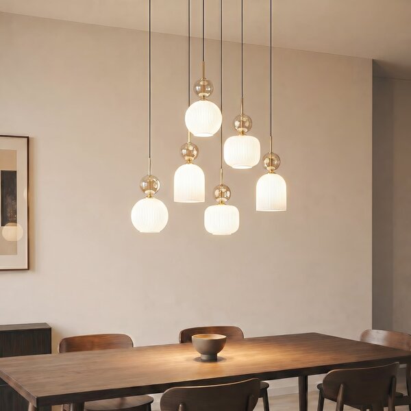 TK Lighting Lampă suspendată Sophia, cu 6 becuri, alb/cognac, lungime 65 cm, E14, reglabil, Alb, Camera de zi / sufragerie, Sticlă, Modern
