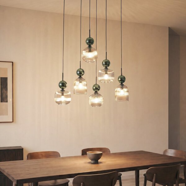 TK Lighting Lampă suspendată Sophia, cu 6 becuri, culoare coniac/verde, lungime 65 cm,, reglabil, Verde, Camera de zi / sufragerie, Sticlă, Modern