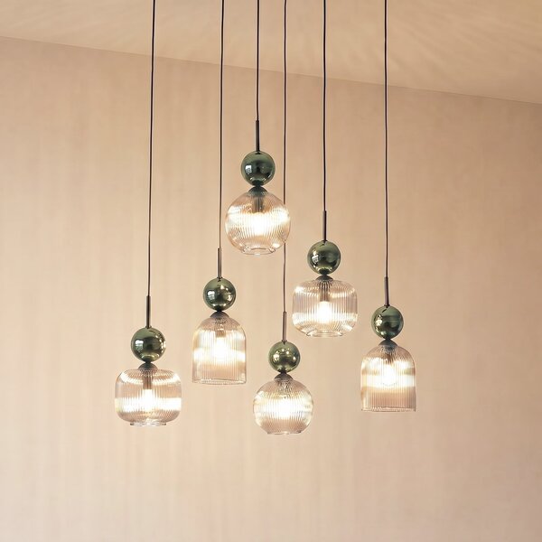 TK Lighting Lampă suspendată Sophia, cu 6 becuri, culoare coniac/verde, lungime 65 cm,, reglabil, Verde, Camera de zi / sufragerie, Sticlă, Modern