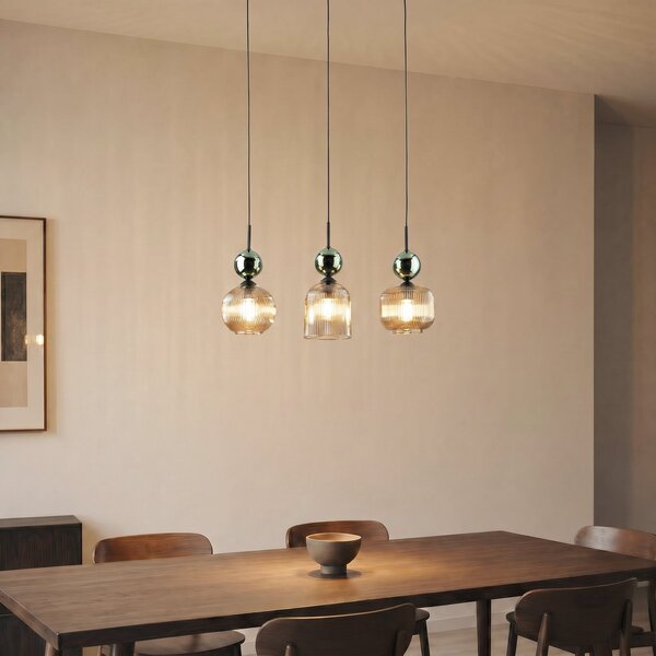 TK Lighting Lampă suspendată Sophia, cu 3 becuri, culoare coniac/verde, lungime 65 cm,, reglabil, Verde, Camera de zi / sufragerie, Sticlă, Modern