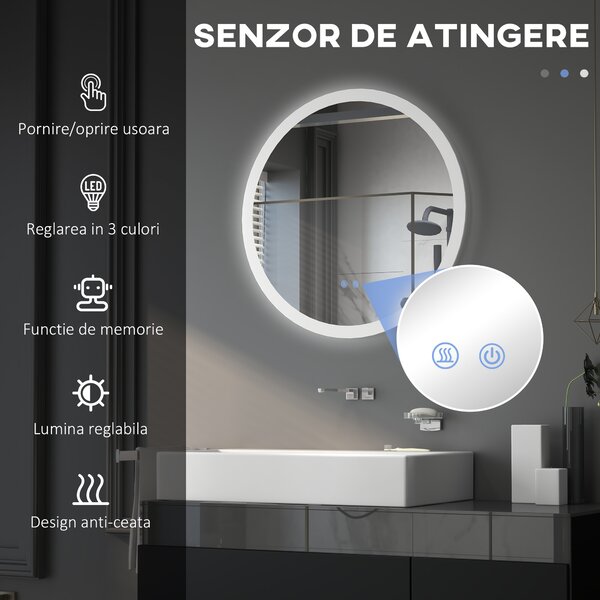 Kleankin Oglindă Rotundă LED pentru Baie, Reglabilă, 3 Temperaturi de Culoare, Anti-Ceță, 70cm | Aosom Romania